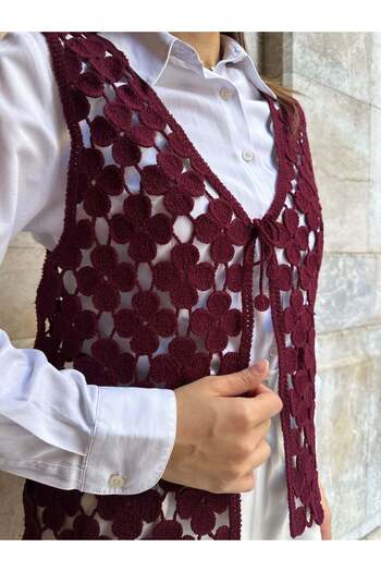 Hatun Atila Hatunatila Floral Patterned Acrylic Sweater Vest 5196 - Burgundy