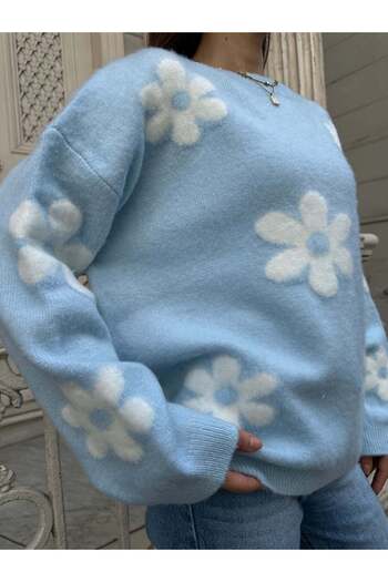 Hatun Atila Pulover din tricot cu textura moale, supradimensionat, cu model de margarete 1150 - Albastru