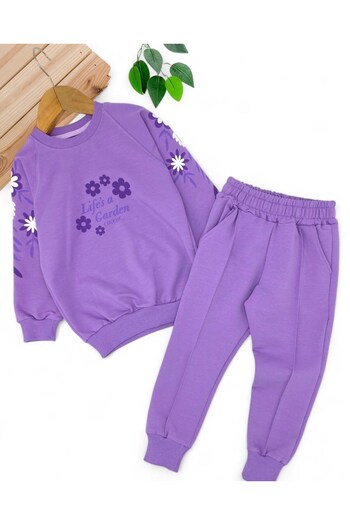 VOY KİDS Girl's Floral Printed Sweatshirt and Grass Green Sweatpants Seasonal Tracksuit Set for Ages 2-10