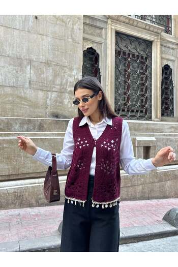 Hatun Atila Seashell and Sequin Stripe Detailed Sweater Vest 5242 - Burgundy