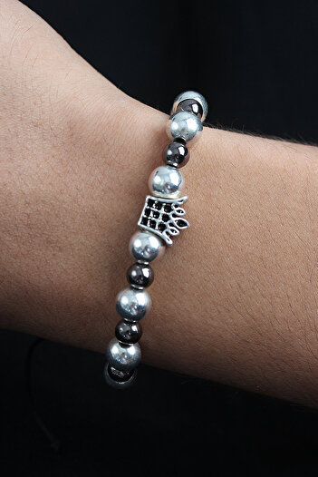 callerrons accessories Natural Stone King Crown Model Silver and Smoked Color Men's Bracelet with Elevator - Ebj250902W37679