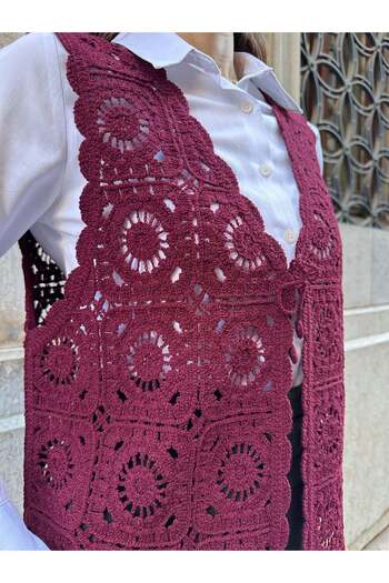 Hatun Atila Hatunatila Floral Patterned Acrylic Sweater Vest 5198 - Burgundy