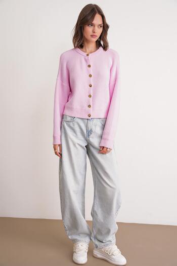Mixray 6956 Women's Stone Button Detailed Knitwear Soft Cardigan Pink