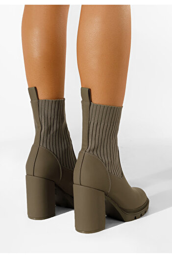 B T Shoes Μποτάκια με χοντρό τακούνι Χακι Lorianna