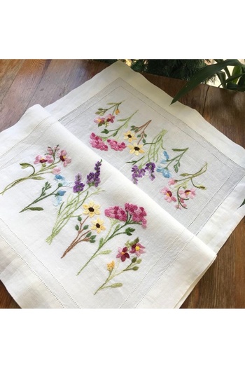 Home Linen Fabric Runner with Wild Floral Hand Embroidery 50X140 Sizes