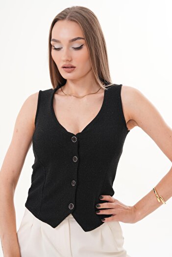 ŞİMAL Women's Glitter Detailed Button Closure Vest 255074 -
