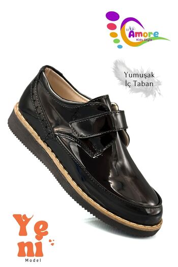 Moda Anna Lil Amore Velcro Boys' Shoes – Classic Model Patent Leather Black for School & Circumcision Ceremony