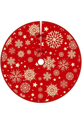 Flippy Christmas Tree Mat, Flippy, Fluffy Fabric, with Tie-On Bows, Star Pattern, Red, Diameter 90 cm