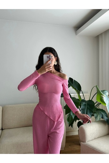 Zoom Butik Asimetrik Bluz & Pantolon Takım - PEMBE
