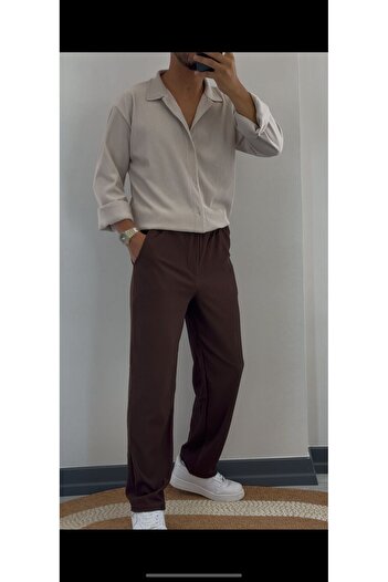 Altamira Men's Beige-Brown Ottoman Long Sleeve Shirt Pants Tracksuit Set
