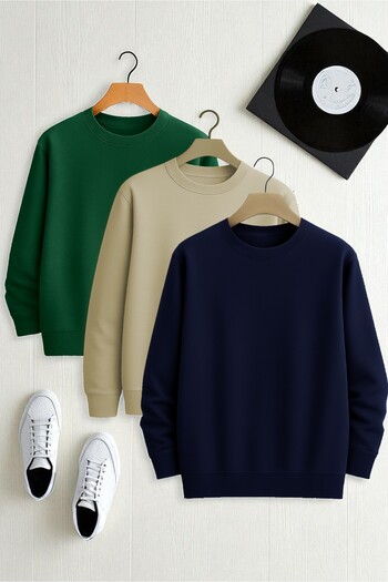 uyguntarz Unisex 3-Piece Green Beige Navy Blue Crew Neck Sweatshirt