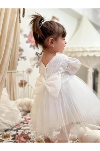 penu baby kids Ecru Scalloped Fabric Long Sleeve Bowknot Girl's Baby Girl Dress with Tulle Skirt