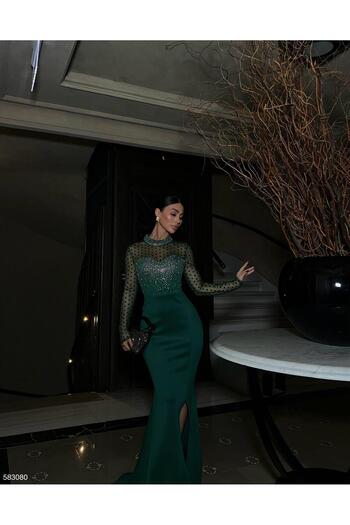 Modafeminen Asra Tulle Detail Sparkling Evening Gown Emerald 583080