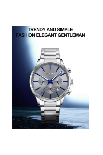 Curren 8435 Men's Chronograph Watch Silver Stainless Steel Band with Blue Accents And Grey Dial