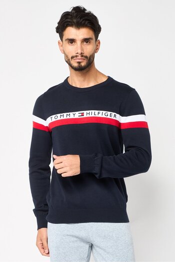 Tommy Hilfiger Men Crew Neck Embroidered Logo Long Sleeves Sweater, Navy