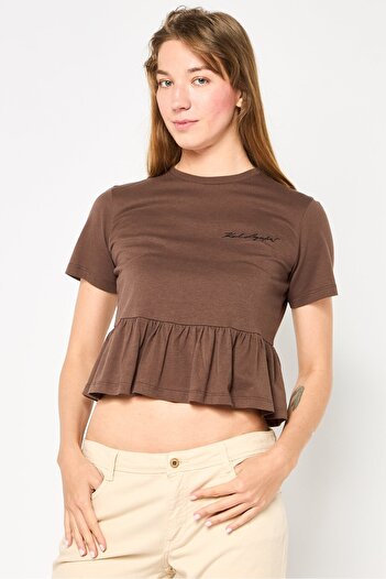 Karl Lagerfeld Women Crew Neck Embroidered Logo Short Sleeve Peplum Top, Dark Brown