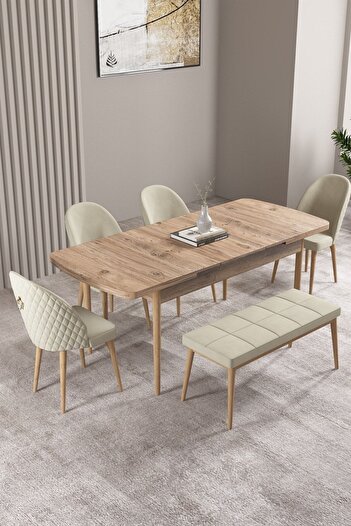 asaella mobilya Milas Atlantik Çam 80x132 Mdf Açılabilir Mutfak Masası Takımı 4 Sandalye, 1 Bench
