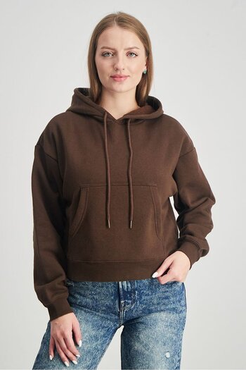 XOXO Women Hooded Front Pocket Plain Sweatshirt, Dark Brown