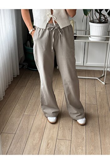 Store Beli Lastikli Wide Leg/Geniş Paça Dökümlü Pamuk Keten Kumaş Rahat Pantolon