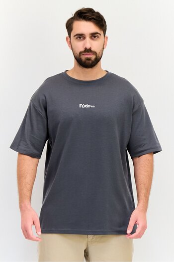 Fudo Men Crew Neck Short Sleeves Brand Logo T-Shirt, Charcoal