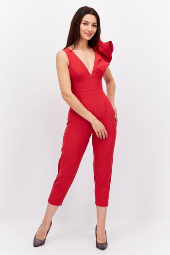 Forever New Women Petite Solid Structured Shoulder Jumpsuit, Red