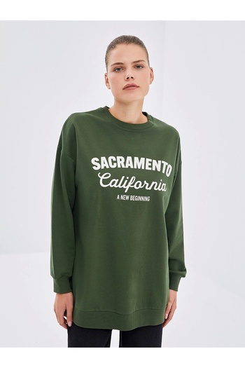 LC Waikiki Lcw Modest Green Crew Neck Printed Women's Sweatshirt Tunic