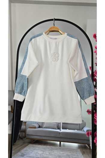 PREMİER VİE Women's White Sweatshirt – Long Tunic with Denim Sleeve Detail and Floral Embroidery