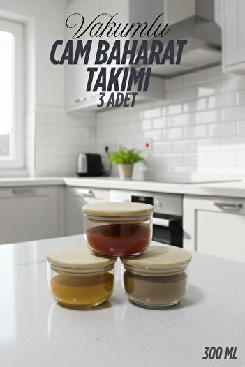 vivotti Set of 3 Glass Spice Jars with Wooden Lids 300 ml with Vacuum Lids (with Label Gift)