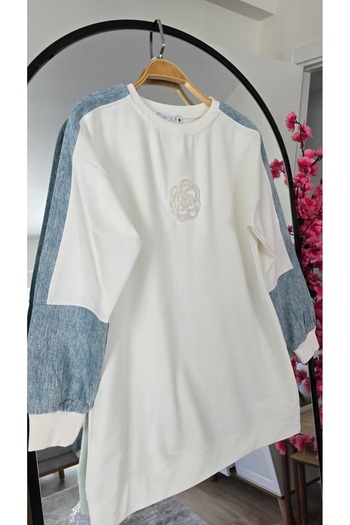 PREMİER VİE Women's White Sweatshirt – Long Tunic with Denim Sleeve Detail and Floral Embroidery