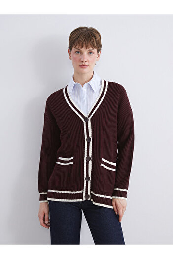 LC Waikiki New Season V-Neck Stripe Detailed Women's Knitwear Cardigan