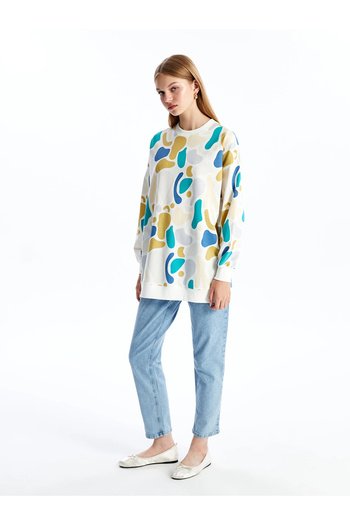 LC Waikiki Lcw Modest Beige Crew Neck Print Women's Sweatshirt Tunic
