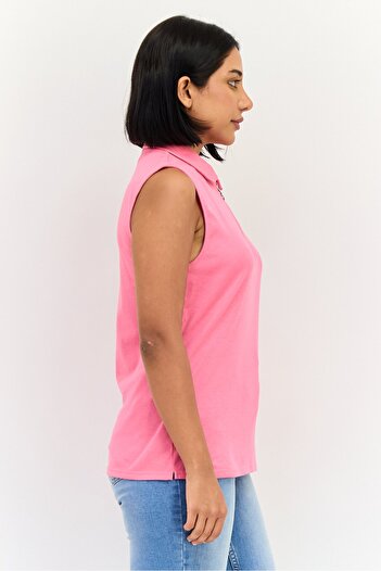 Rafaella Women Spread Collar Plain Sleeveless Top, Pink