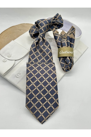 Gutiero Gray Plaid Classic Tie with Handkerchief