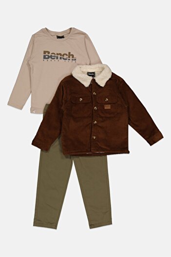 BENCH Kids Boy 3 Pieces Brand Logo Jacket, Long Sleeve T-Shirt And Chino Pants, Brown Combo