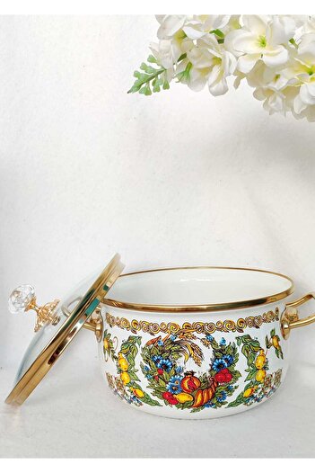 EBRULİEMAYE Pomegranate Lemon Enamel Lux Pot 4 Liters 22 cm Diameter Milk Yogurt Soup Jam Pot