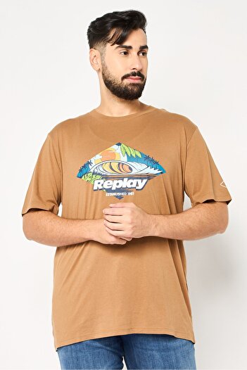 Replay Men Crew Neck Short Sleeve Graphic Print T-Shirt, Tan