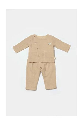 BabyCosy Set bluza cu nasturi si pantaloni, Winter muselin, 100% bumbac - Apricot,