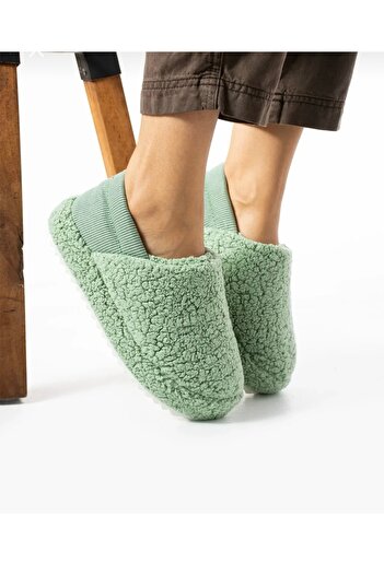 İpek Women's Mint Green Elastic Back Fluffy Plush Anti-Slip Sole Slippers Home Shoes