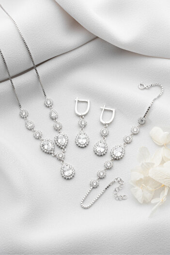 SAKLI TAKI 925 Ayar Gümüş Beyaz Taşlı (Kolye-Küpe-Bileklik) Set