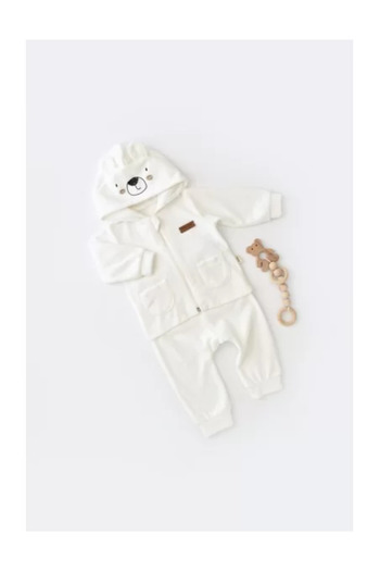 BabyCosy Set Ursulet cu bluzita cu fermoar si gluga si pantaloni lungi din 80% bumbac si 20% polieste