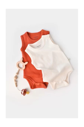 BabyCosy Set of 2 unisex baby sleeveless bodysuits - 100% cotton - Cinnamon/Ecru