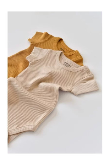 BabyCosy Set of 2 short-sleeved cotton and modal bodysuits - Mustard/Salmon