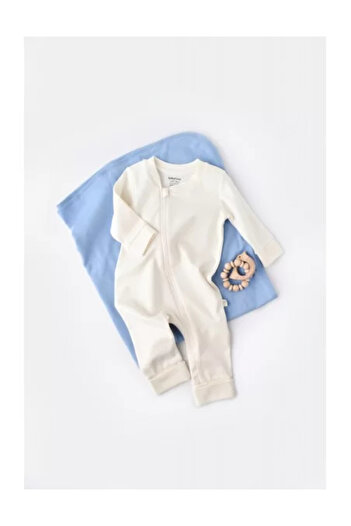 BabyCosy Long Sleeve Romper with Zipper and Long Pants, 100% Cotton - Ecru