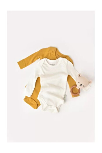 BabyCosy Set of 2 Long Sleeve Baby Onesies - Mustard/Ecru, (Size: 9-12 months)