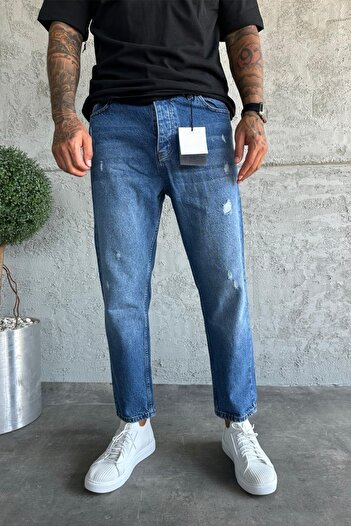 MADZEYMODA Denim Fabric Blue Boyfriend Fit Ripped Detailed Men's Jean Trousers Ke-181