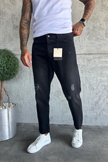 MADZEYMODA Denim Fabric Black Boyfriend Fit Ripped Detailed Men's Jean Trousers Ke-381
