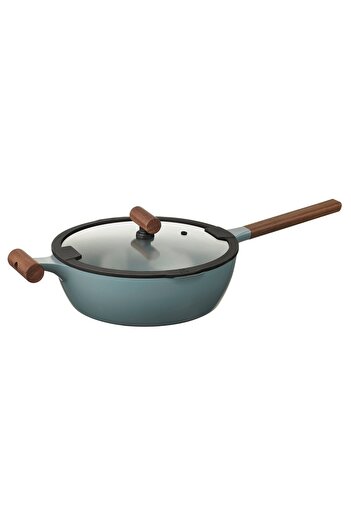 IKEA KLIPPFISK Sauté pan with lid, non-stick coating, grey-turquoise, 28 cm