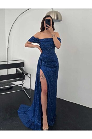 maf collection Women's Saks Blue Sequin Low Sleeve Slit Detail Long Evening Dress Homecoming Dress