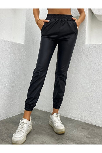 Masspera Women's Elastic Leg Leather Leggings with Pocket Detail