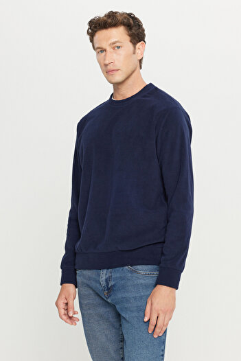 AC&Co / Altınyıldız Classics Men's Navy Blue Sweatshirt Fleece Standard Fit Regular Cut Crew Neck